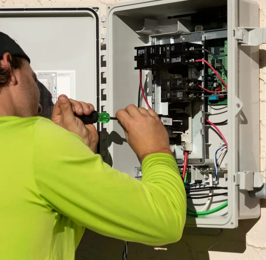 Electricista revisando el cuadro eléctrico de un local